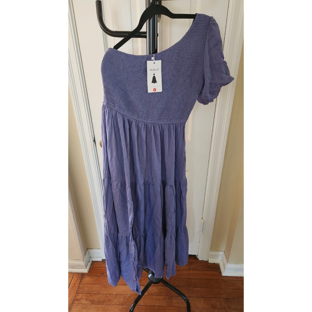 ZESICA Women's Boho One Shoulder Short Sleeve Side Split Dress Size L Purple